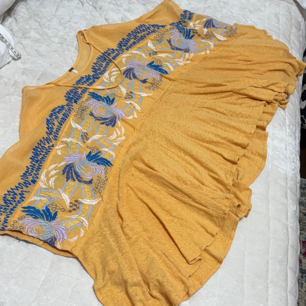 Free People Yellow Embroidered Ruffle Top small
